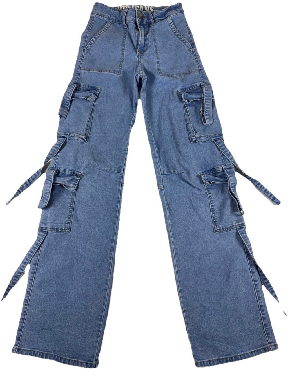 VIP Jeans Women's Cargo Jeans Blue Light Wash Mid Rise Stretch Pockets 0